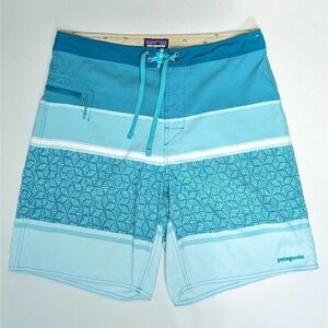Patagonia Board Shorts 36 Blue Geo Stripe Surf Beach Hiking Drawstring Closure